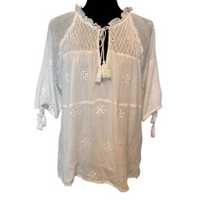 Reba White Textured Lined Blouse with Tassels Boho Country Blouse Size XL
